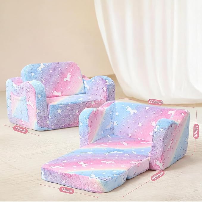 MeMoreCool Toddler Chair & Sofa Bed – Glow‑in‑The‑Dark Unicorn Design | Convertible Fold‑Out Plush Couch for Kids Ages 1‑5, Machine‑Washable Cover, Ideal for Playroom, Naps, Travel
