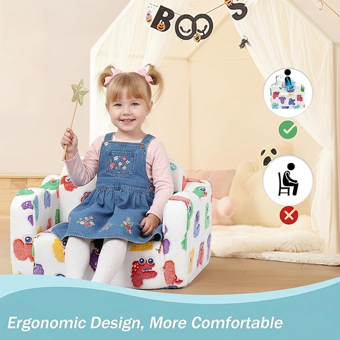 MeMoreCool Glow Alphabet Toddler Sofa Bed – 2-in-1 Foldable Foam Chair for Kids Light-Up Letters, Soft Supportive Foam, Machine-Washable Cover, Great for Boys and Girls