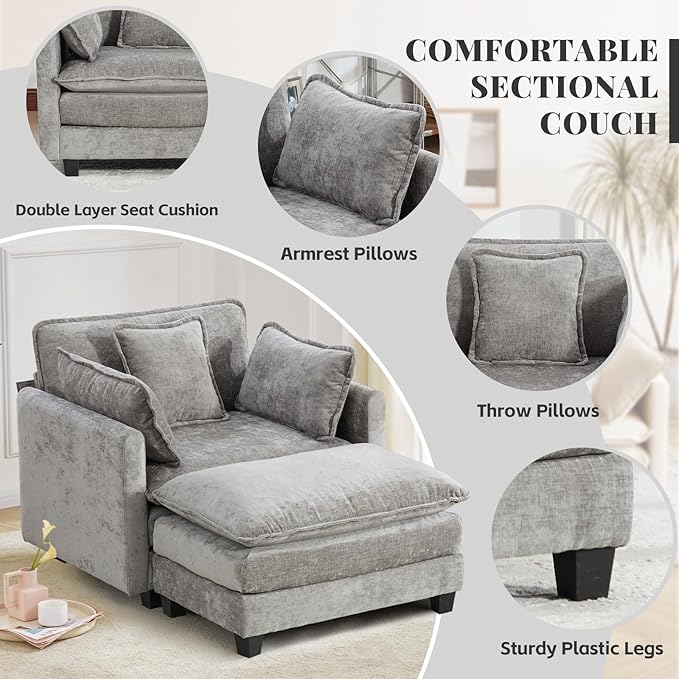 SoarFlash Chenille Sectional Sofa, Comfy Modular Single Sofa with Ottoman, Modern Recliner Deep Seat Sofa Set for Living Room,Grey
