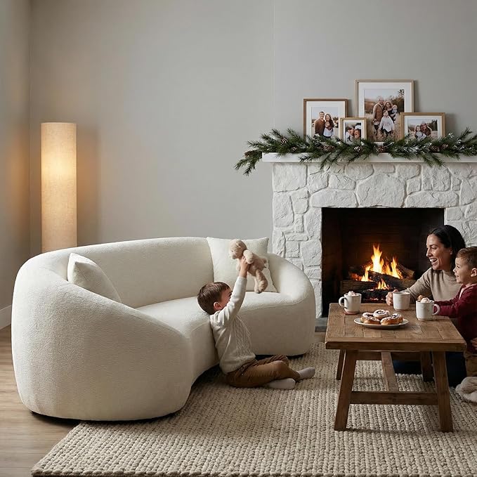 93.31” Modern Curved Sofa,Chenille & Velvet Fabric 3-Seater Couch with Solid Wood Frame,Luxury Cloud Sofa with 2 Throw Pillows,Minimalist Sofas for Living Room,Bedroom,No Assembly Required,White