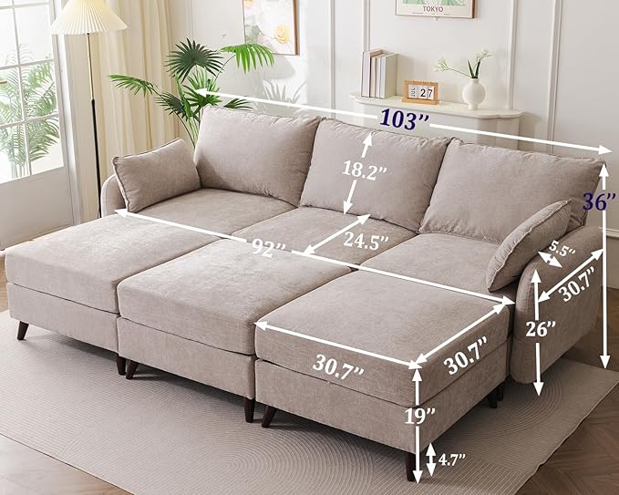Rexulqo 104'' Modular Sectional Sofa with All Seats Storage, Oversized Sleeper Sofa Bed for Living Room,3-Seater Comfy Cloud Couches with Movable Ottoman,Big Sectional for Bedroom,Velet,Khaki