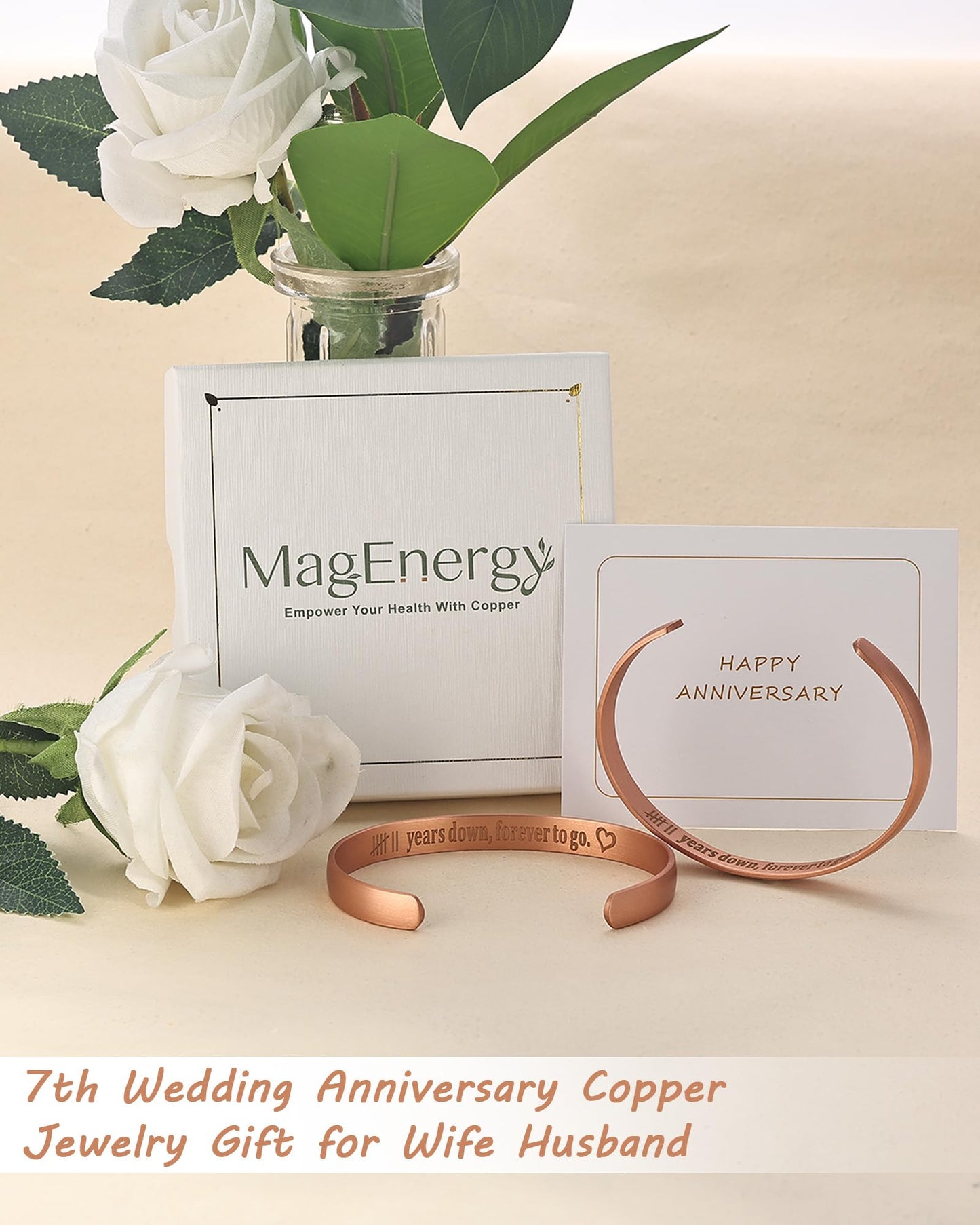 MagEnergy 7 Year Anniversary Copper Gifts for Him Her Couples, Copper Bracelet for Men Women (2Pcs), 7th Wedding Anniversary Copper Jewelry Gift for Wife Husband, Engraved Adjustable Cuff for Loved One