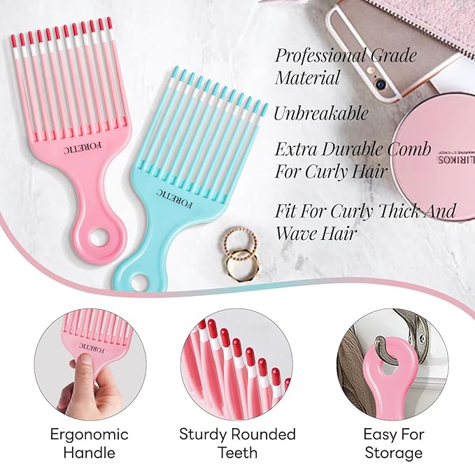 Smooth Hair Pick Comb for Curly, Thick, Medium to Long Hair, Facial -6.9inch（Blue, Pink）