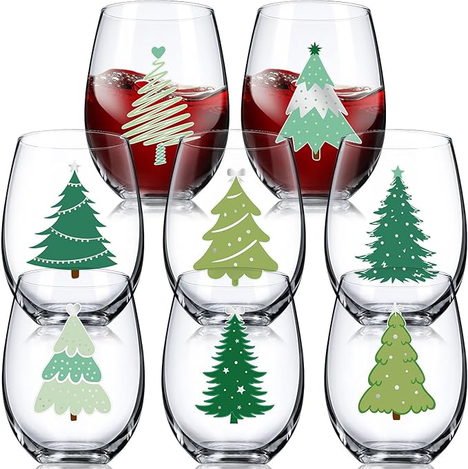 Umigy 8 Pcs Christmas Wine Glasses Green Tree Xmas Stemless Wine Glass 15 oz Winter Green Christmas Tree Glasses for Party...