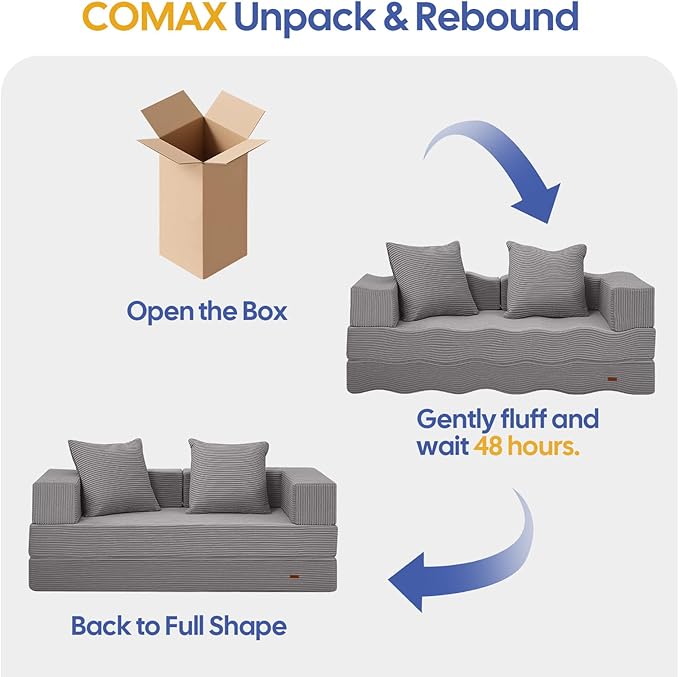 COMAX Futon Sofa Bed, 4‑in‑1 Convertible Sofa Bed, Folding Boneless Couches for Living Room, Fold Out Small Foldable Loveseat Floor Sleeper Comfy Mattress Lounge Space‑Saving, Light Grey