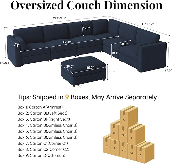CUGOAO 159'' Modular Sectional Sofa, Oversized L-Shaped Sectional Couch with Ottoman, Deep Seat Chenille Cloud Couch, Mordern Upholstered Couches for Living Room, Apartment, Office, Blue