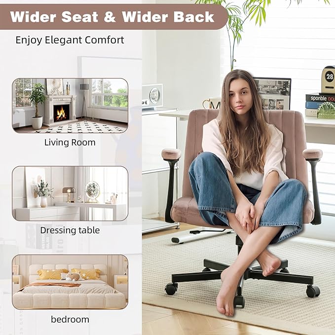 Furnimart Criss Cross Desk Char Wide Seat with Wheels and Arms, 360° Swivel Cross Legged Desk Chair Thick Cushion, Linen Comfy Armless Home Office Chair for Bedroom, Vanity, Sturdy (Light Pink)