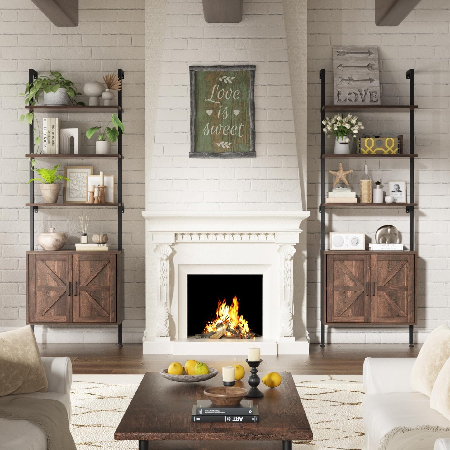 Ladder Bookshelf with Cabinet, 6 Tier Wall Mount Ladder Bookcase with Farmhouse Cabinet, Tall Open Ladder Shelf with Metal Frame for Living Room, Bathroom, Home Office, Rustic Brown