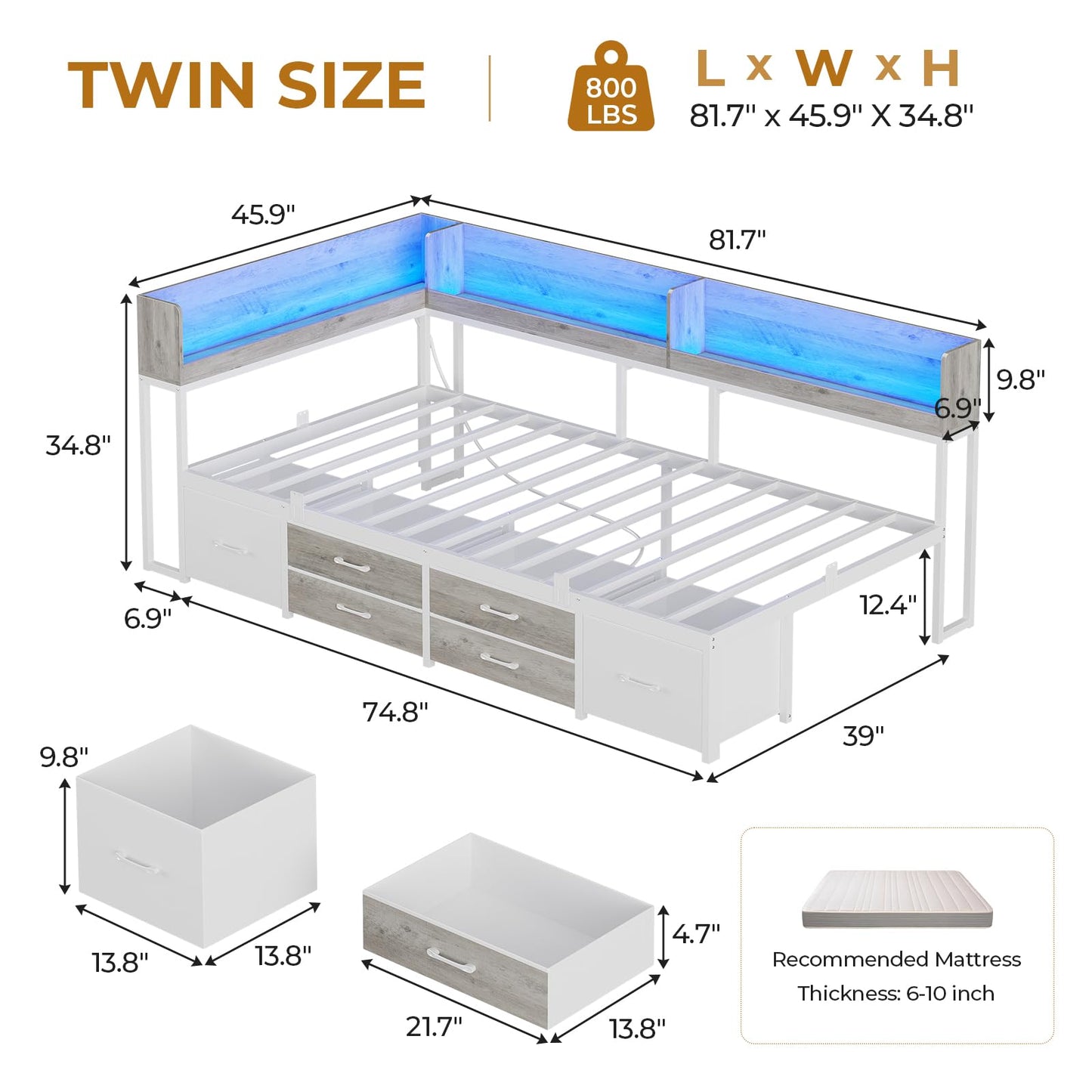 MSmask 14 Inch Corner Bed Frame with Bookcase Storage, Twin Daybed with 6 Drawers, Charging Station and LED Light, Twin Size Metal Platform Bed Frame for Kids Teenagers, White & Oak Grey