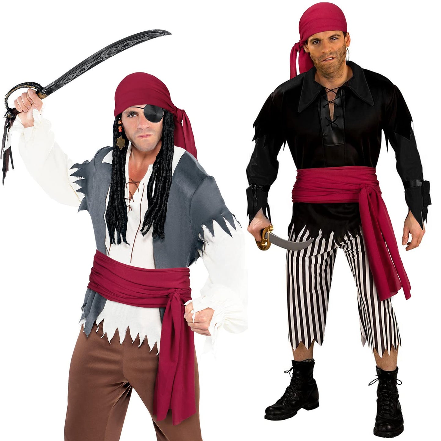 Pirate Costume Accessories/Plus Size Pirate Scarf Belt Waist Sash and Pirate Head Scarf Bandanas for Halloween Women Men (Wine Red)