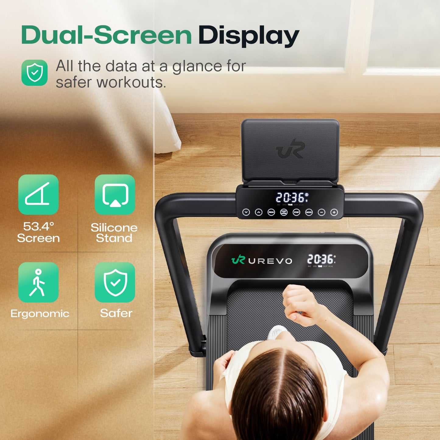 UREVO Smart Treadmill with 9% Incline, 3-in-1 Foldable Treadmill with Handle for Home/Office Fitness, Runner-Focused Design, 6 HIIT Programs & Auto Incline Follow Mode, 2 Display Screens, Plug & Play
