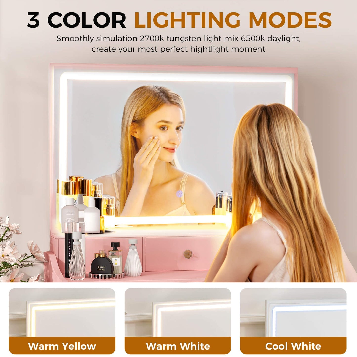 COMHOMA Makeup Vanity Desk with Mirror and Lights, Vanity Table and Chair Set with 5 Drawers and Charging Station, Bedroom Dresser LED Mirror Stepless Dimmable & 3 Color Modes Adjustable, Pink
