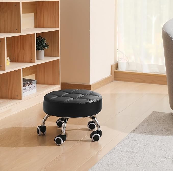Kaleurrier Low Height Rolling Stool - Heavy Duty Short Stool Chair with Wheels Low to Ground - Small Roller Seat Stools for Home Office Kitchen Repair Shop Pedicure Garage Library Studio Black