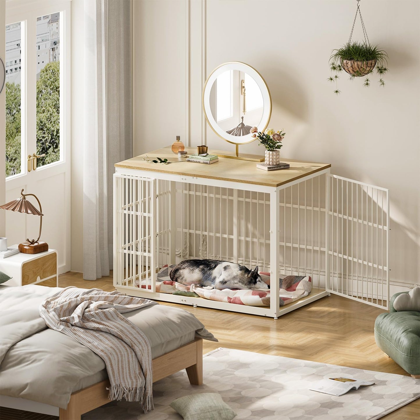 Lyromix 54" Dog Crate Furniture with Foldable Door, XXL Dog Crates for Large Dogs, Wooden Decorative Dog Cage Kennel Indoor End Table, Natural Beech