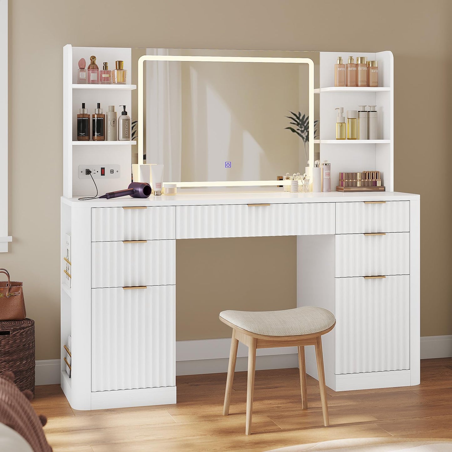HAUOMS 51.2" Fluted Makeup Vanity Desk with Large 30.3" Mirror and Lights, 5 Drawer Vanity with Power Strip, 6 Open Shelves, 2 Cabinet，Modern Dressing Table with Solid Wood Legs for Bedroom, White