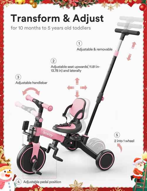 besrey 4 in 1 Toddler Bike, Toddler Tricycle for 1-3 Year Old, Trike with Push Handle, Backrest and Safety Belt, Birthday Gifts and Toys for Boys and Girls, Balance Bike
