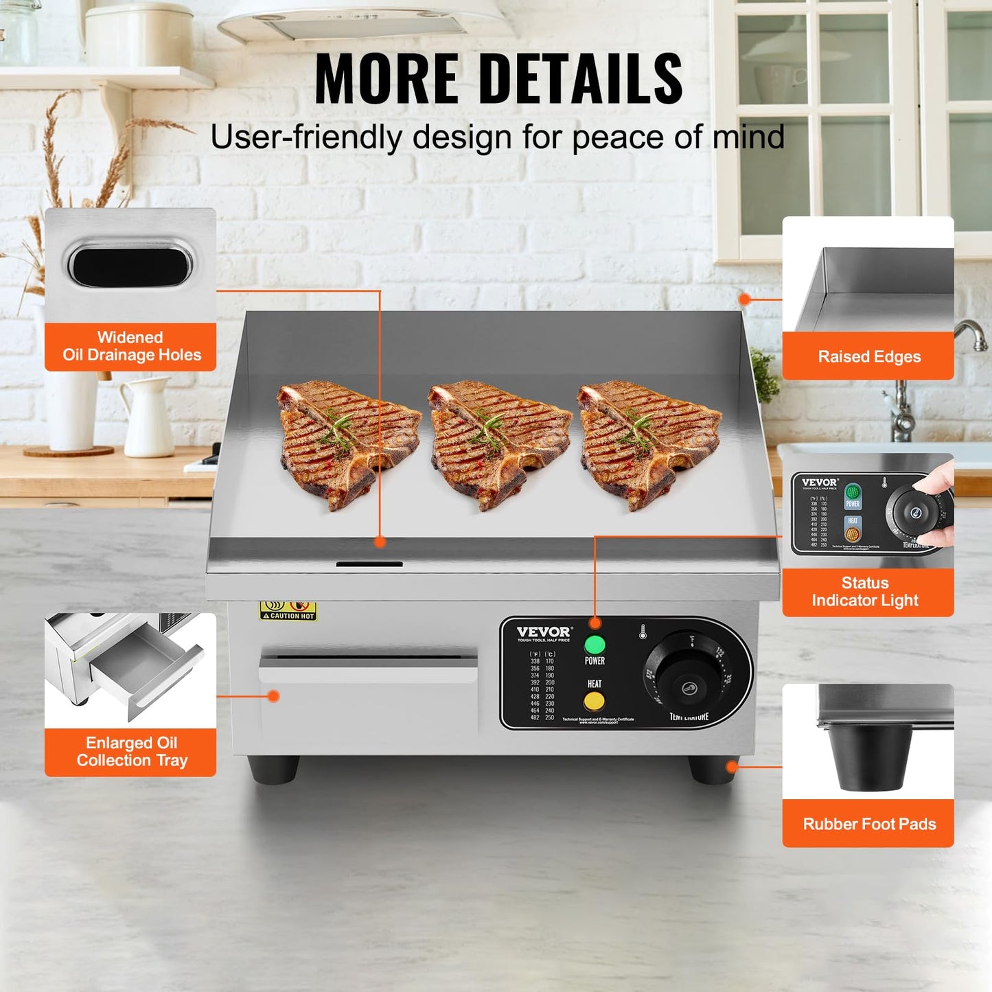 VEVOR Commercial Electric Griddle, 1700W Countertop Flat Top Grill, 14in Stainless Steel Griddle Grill with 2 Shovels and 2 Brushes for Home or Restaurant, 122℉-572 ℉ Adjustable Temp