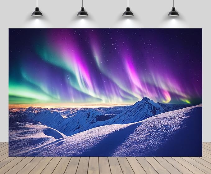 chnywork 9x6ft Northern Lights Backdrop Snowy Mountains Aurora Borealis Starry Night Sky Background Winter Wonderland Magi...