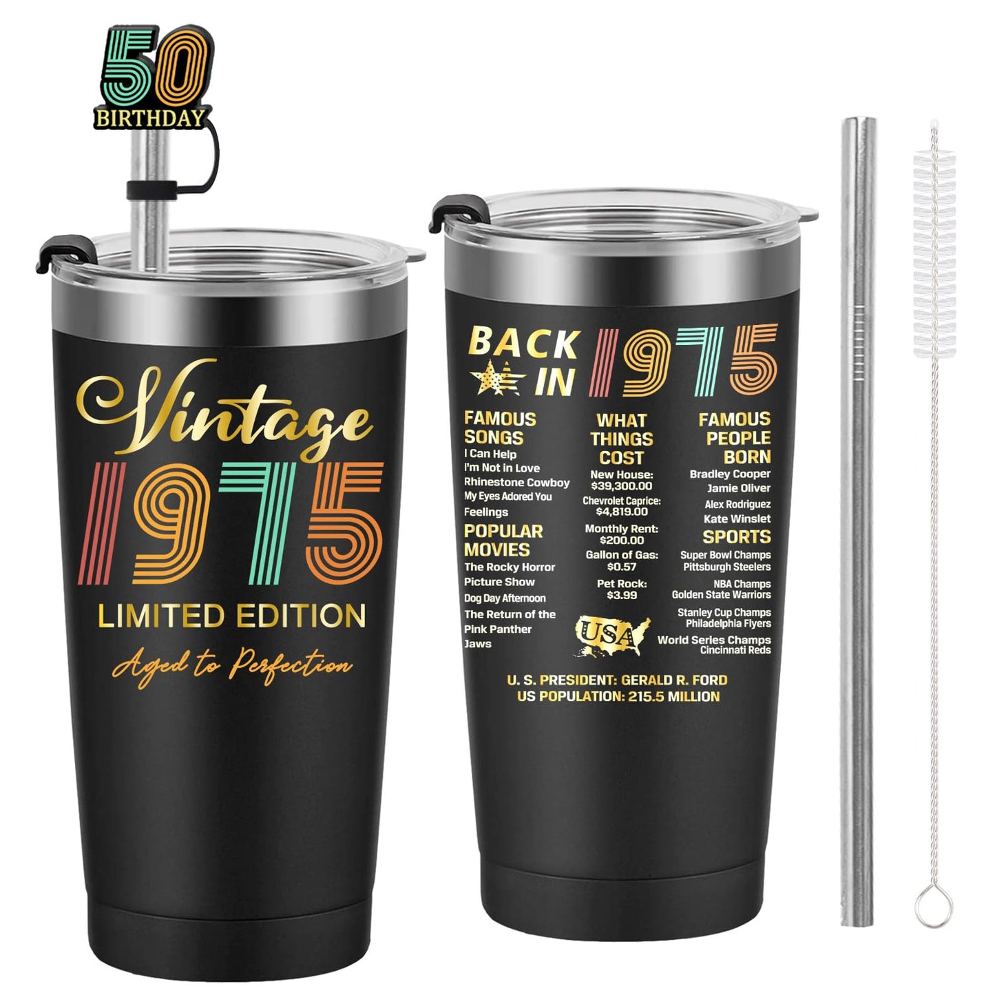 1975 50th Birthday Gift for Women and Men - 50th Gifts for Parents - 50th Class Reunion - Mom Dad Wife Husband Grandpa Grandma Present - 20oz Tumbler Cup Black