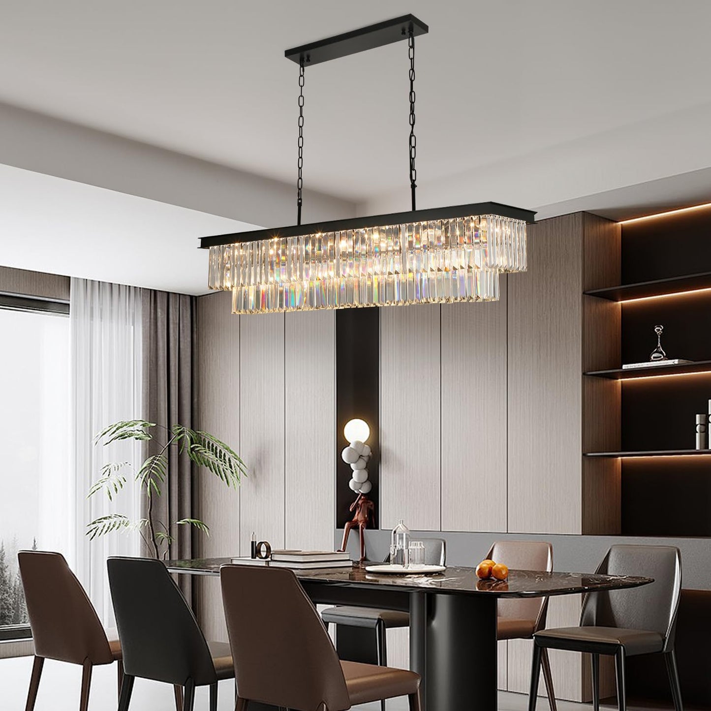 Weesalife Crystal Chandeliers for Dining Room Light Fixtures Over Table，18-Lights Black Modern Rectangle Chandeliers for Kitchen Island Bar L46 Inch