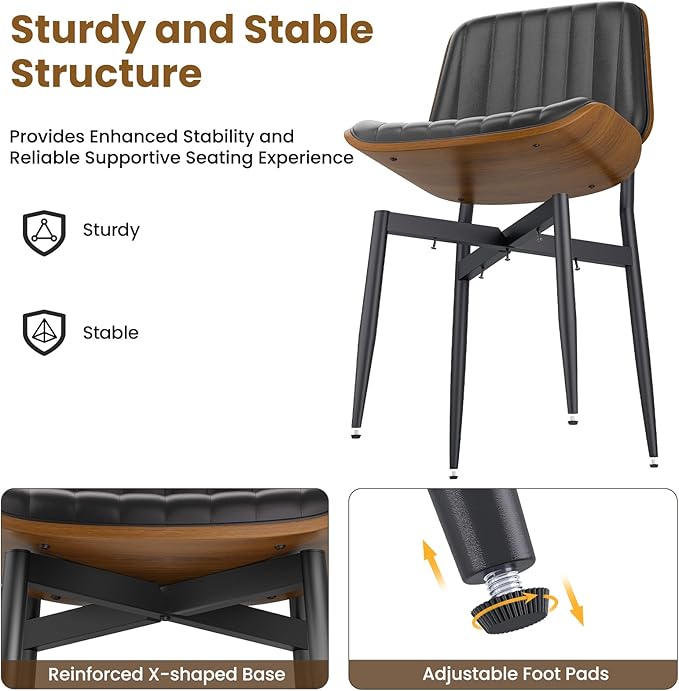 YaFiti Dining Chairs Set of 4, FSC Certified Mid Century Modern Dining Room Kitchen Chairs, Upholstered PU Leather Vertical Stripe Chairs for Vanity with Walnut Bentwood and Metal Legs, Black