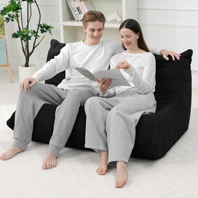 HABUTWAY Bean Bag Chairs Fireside Lazy Floor Sofa, Soft Teddy Fleece 2 Seater Sofa with High-Resilience Foam Filling，Beanbag for Living Room, Bedroom, Office (Black Teddy)