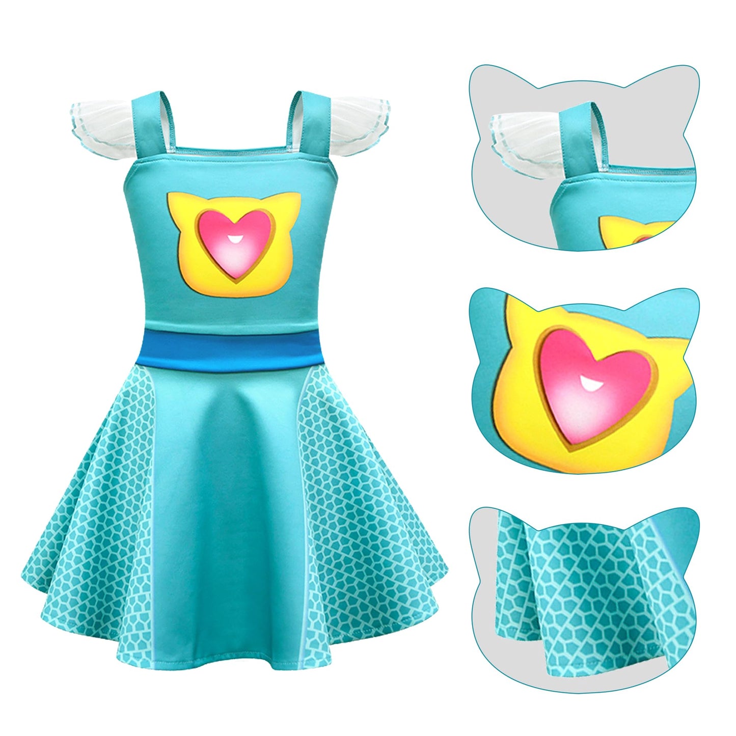 CheerfulChic Superhero Costume Lace sleeves Dress with Accessories,For Birthday Halloween Christmas For Princess（110cm/3-4T） Blue green