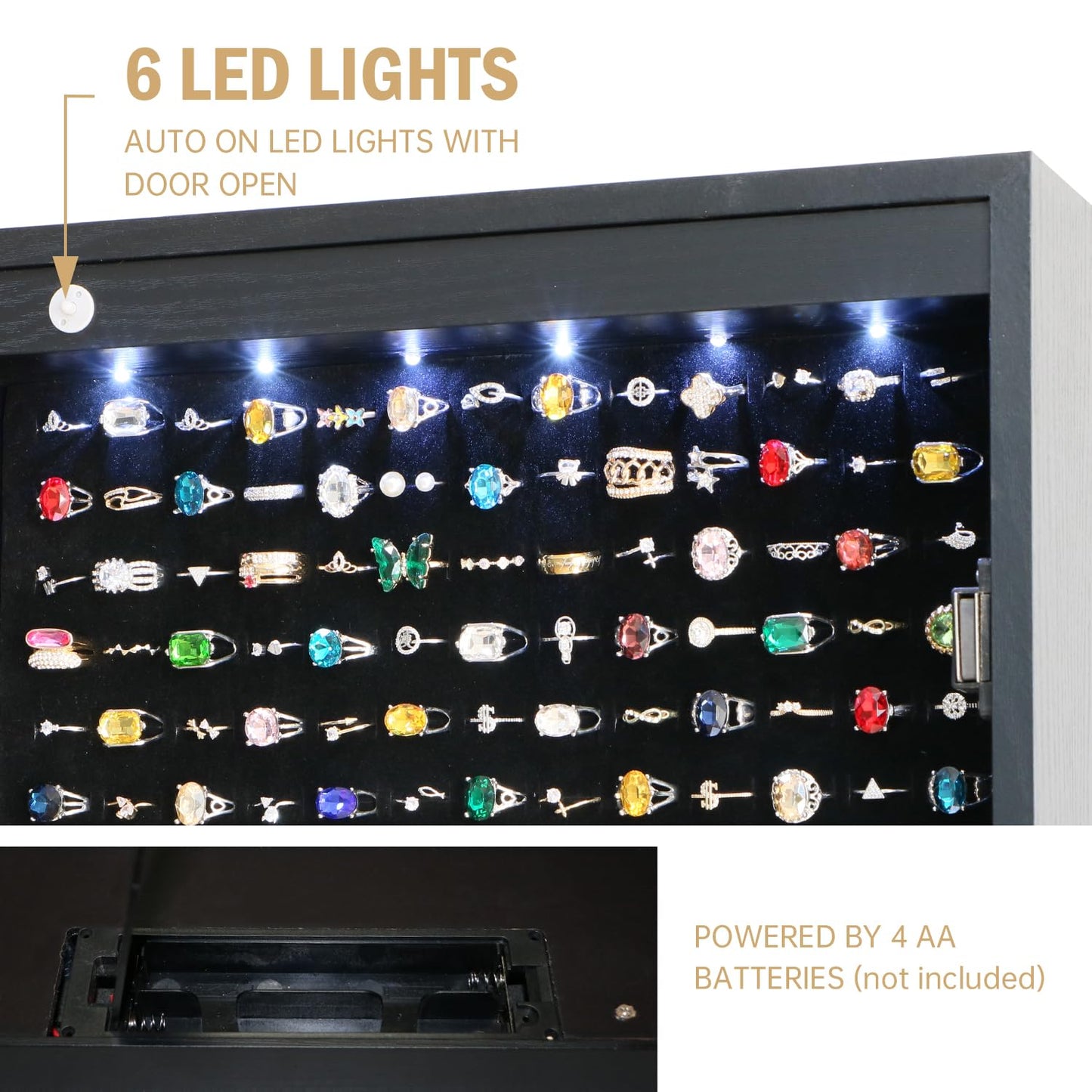 MASMIRE Jewelry Armoire Cabinet Organizer Standing with 20 LED Lights Lockable Full Length Mirror with Storage Shelves and 2 Drawers (Black) Adjustable Tilt Angles Gift for Her