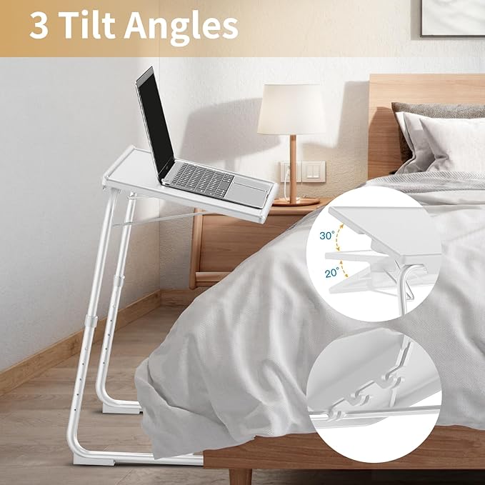 ZUCONKITCH Adjustable TV Tray Tables with 6 Height & 3 Tilt Angle, Folding TV Dinner Tray,TV Table with Cup Holder on Bed & Sofa (1 Pack, White)