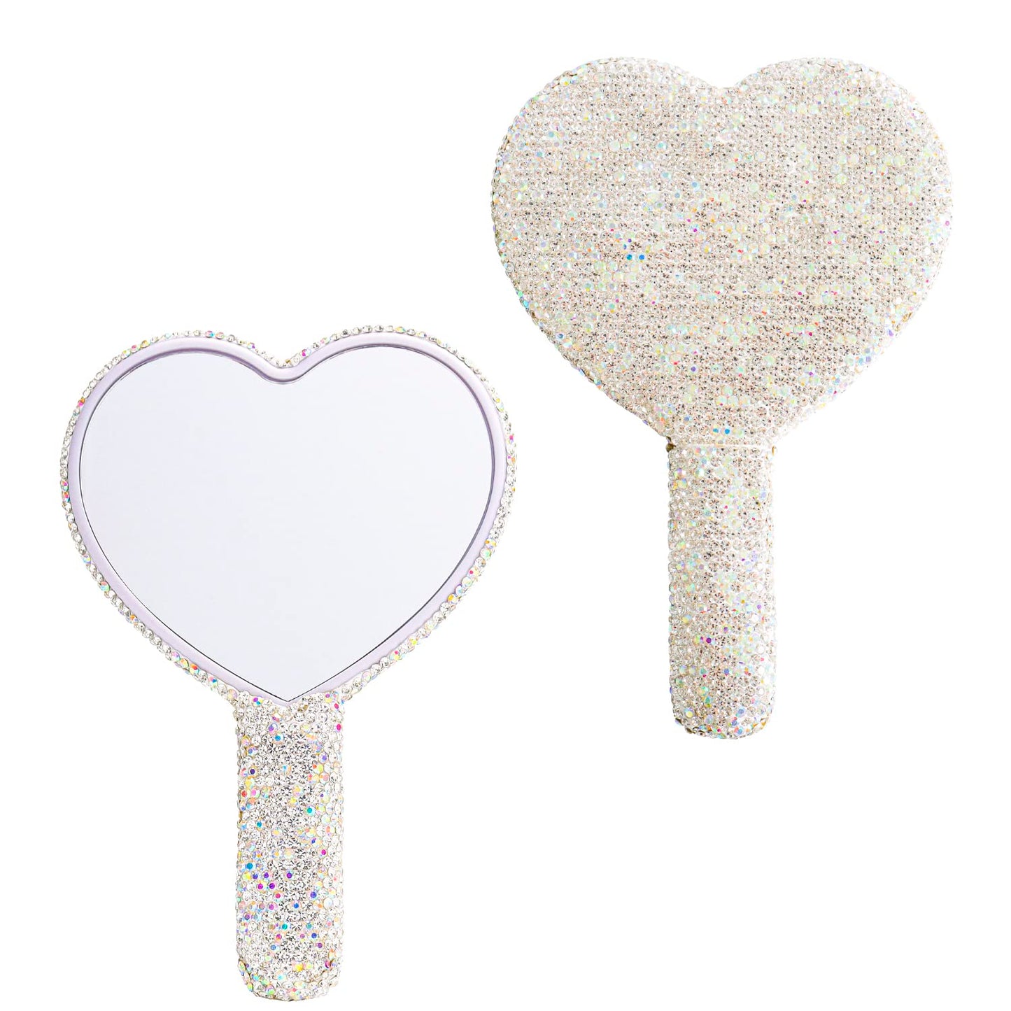 Wowagoga Sparkling Rhinestone Heart Shaped Handheld Mirror Heart Mirror Cosmetic Hand Mirror with Handle Cute Hand Mirror for Wo