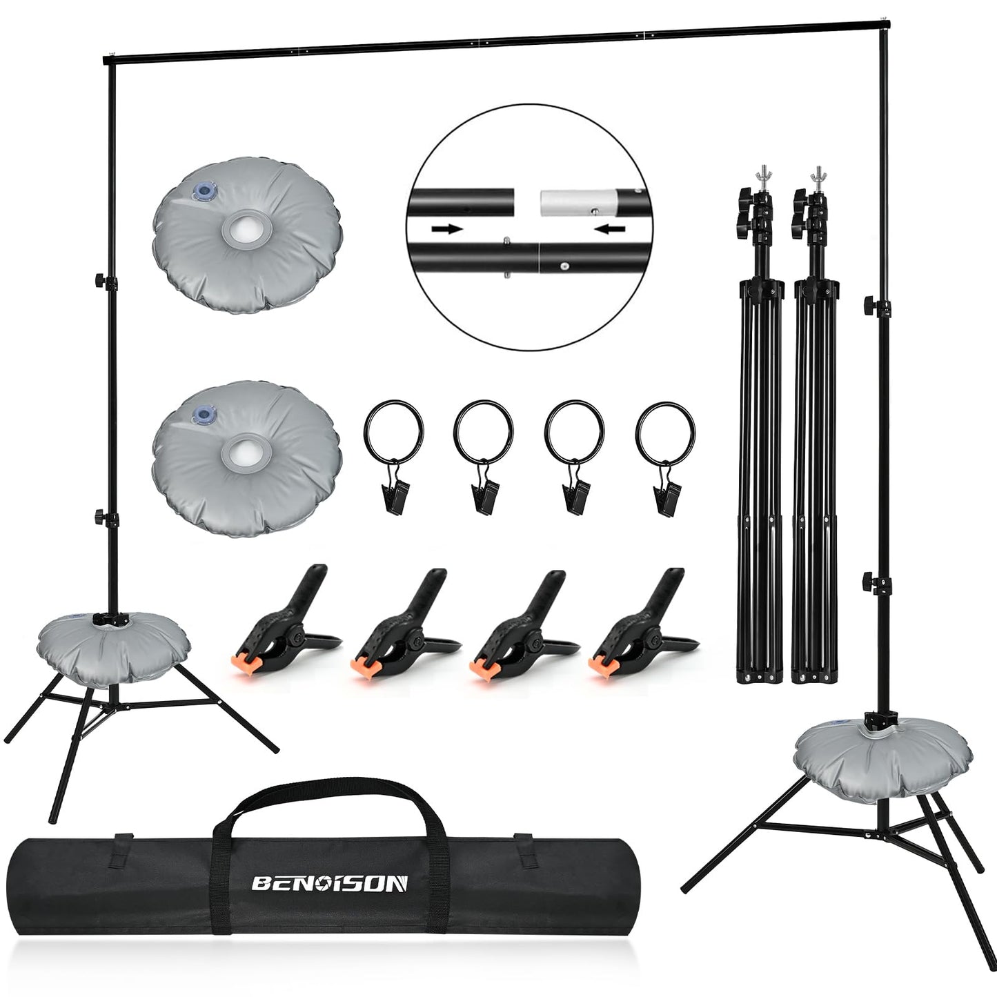 Backdrop Stand - 10x7ft(WxH) Photo Studio Adjustable Background Stand Support kit with 4 Crossbars, 8 Clips, 2 Waterbags and Carry Bag for Parties, Events Decoration, Wedding, Photography