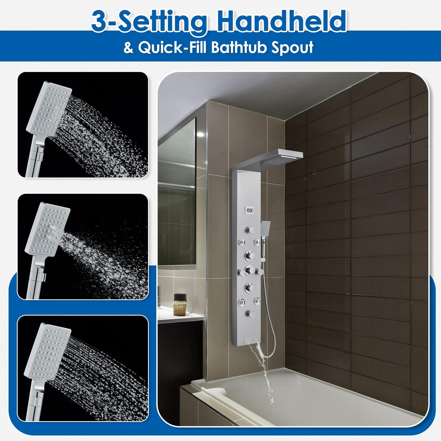 ROVOGO Shower Panel with 4 Body Jets and 4 Mist Spray, Rainfall Waterfall Shower Column Tower with Handheld, Tub Spout and Water Temperature Display, Stainless Steel Brushed