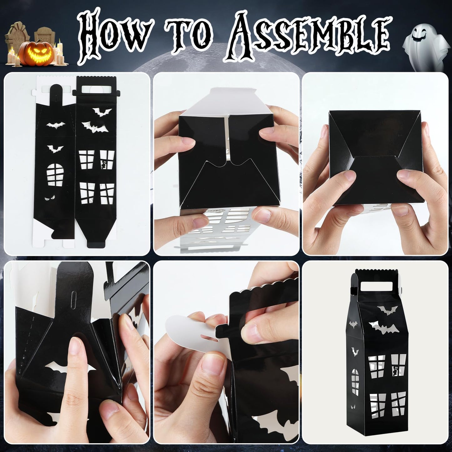 CHUNNIN 12pc Halloween Haunted House Gift Boxes for Party Decorations - House Shaped Treat Boxes with Handle
