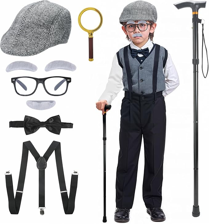 TaikaoQi Old Man Costume for Kids 100 Day of School Costume for Boys – Grandpa Cosplay Accessories with Hat, Glasses, Can...