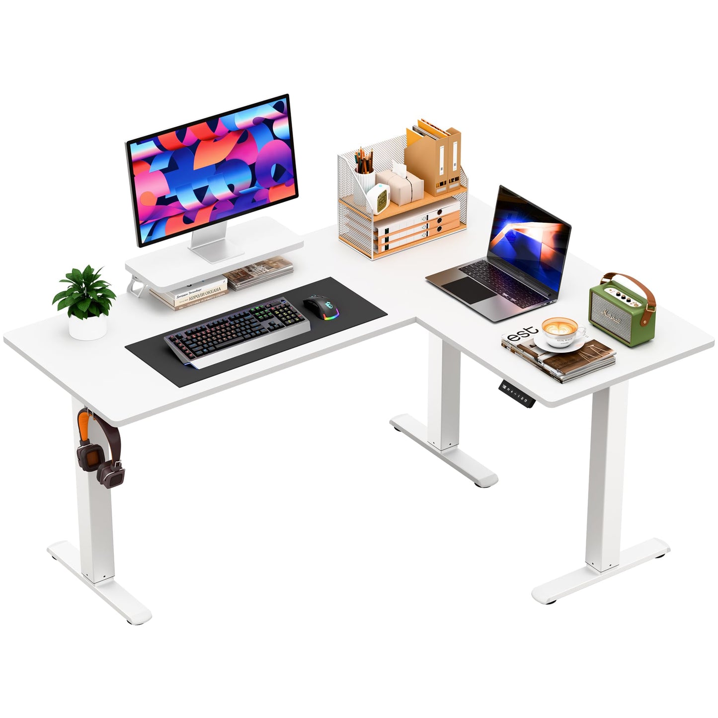 Furmax 63 x 47 Inch L Shaped Standing Desk with 2 Preset Heights, Electric Height Adjustable Computer Desk, Corner Sit Stand Desk for Home Office, 2 Hooks & Feet Balance (White, 63 x 47 Inch)