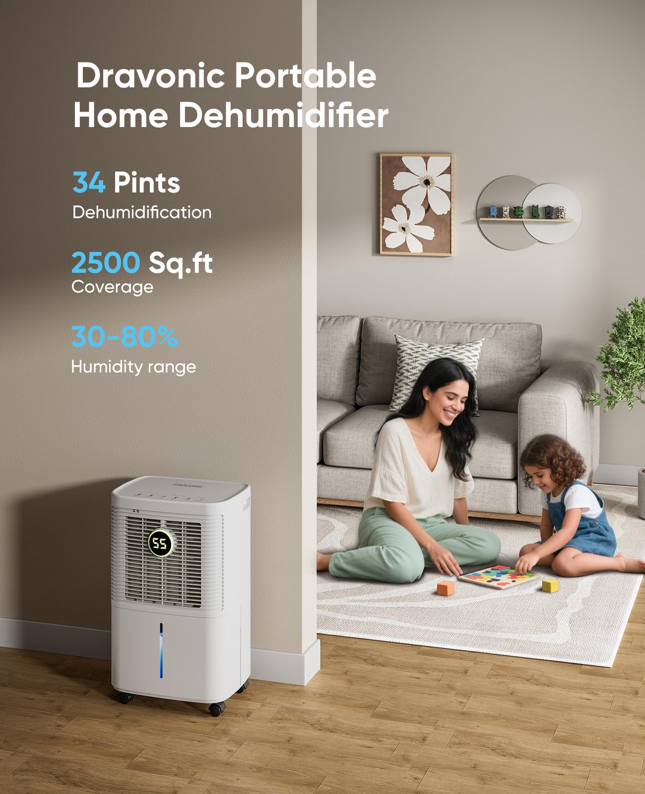 Dravonic 34 Pint Dehumidifiers for Home, Basement, Bedroom, Bathroom, 2500 Sq.ft Dehumidifier with Drain Hose, Smart Humidity Control & Display, 3 Operation Modes, 24H Timer, Child Lock (White)
