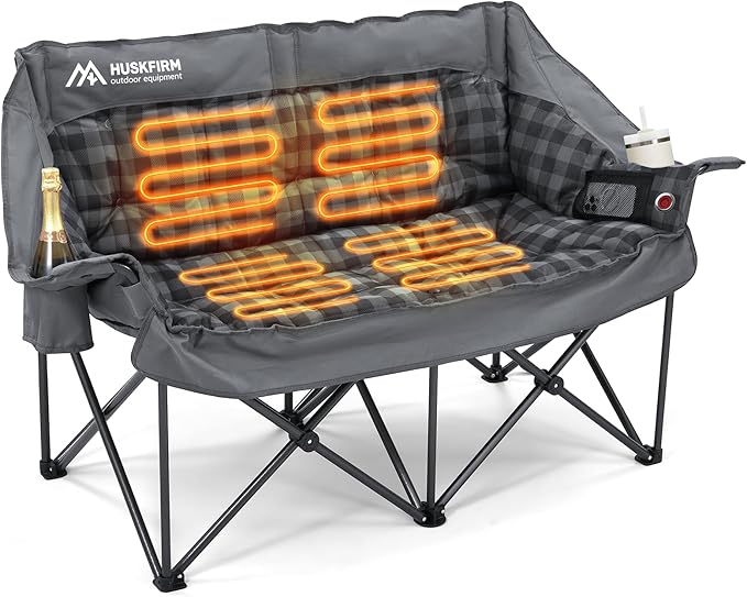Huskfirm Heated Double Camping Chair, Oversized Camping Loveseat with 4 Heating Zones and 3 Temperature Settings, Portable...