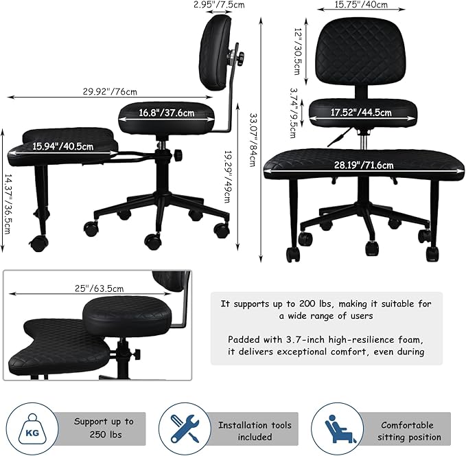 Meditation Chair Cross Legged Chair with Wheels Criss Cross Chair ADHD Desk Chair for Adults with Back Support Wide Squatting Kneeling Chair Adjustable Height for Office, Home, Yoga (Black)