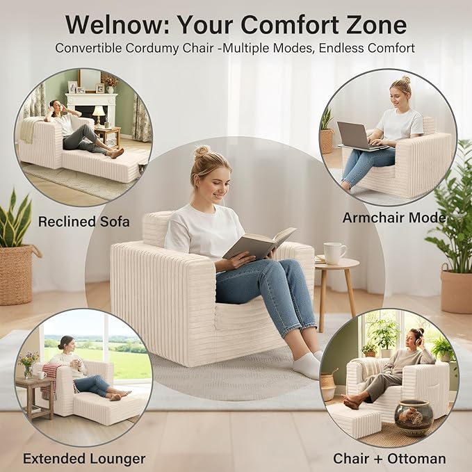 Welnow Folding Sofa Bed with Ottoman, Convertible 2-in-1 Boneless Couch Futon Lounge Chair Bed for Adults, Comfy Fold Out Sleeper Sofa for Small Spaces, Living Room, Bedroom, or Dorm, Beige
