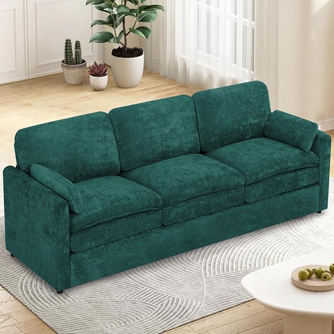 ACMEASE 89” Chenille Sofa w/Arm Pillows, Upholstered 3-Seater Sofa w/Comfortable Back Cushions, Modern 3 Seats Couch w/High-Density Foam for Living Room, Apartment, Office, Teal