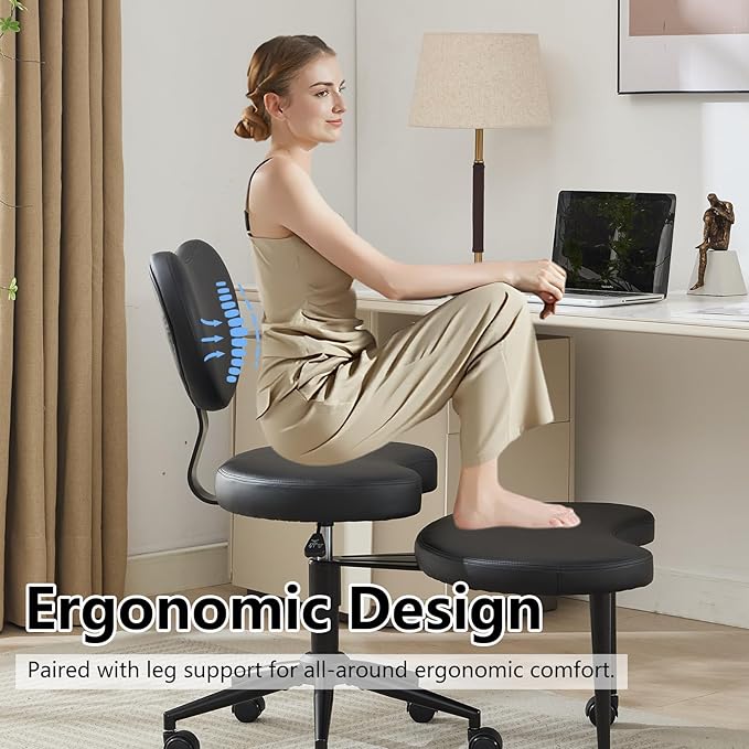Cross Legged Office Chair with Wheels–360°Swivel Meditation Chair, Adjustable Height Yoga Office Chair for Adults, Ergonomic Kneeling Chair with Back Support for ADHD, PU Leather, Black