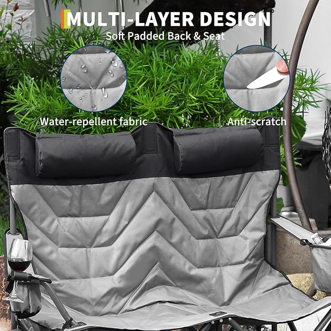 Oversized Double Camping Chairs, Heavy Duty Padded Loveseat Chair - 900 LBS Support for Adult - Comfortable Camping Chair with High Back & Pillow