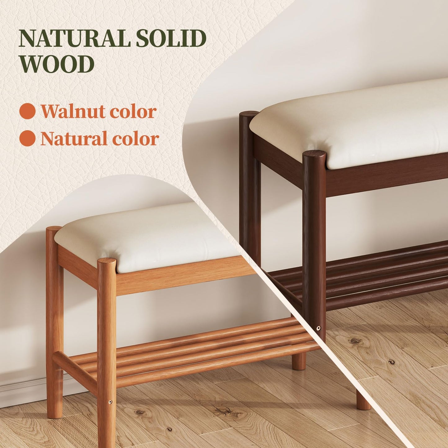 Buzleer Solid Wood Shoe Bench with Cushion, 2-Tier Shoe Rack for Front Door Entrance, Enterway Benches with Shoe Storage (Natural, 39.4in)