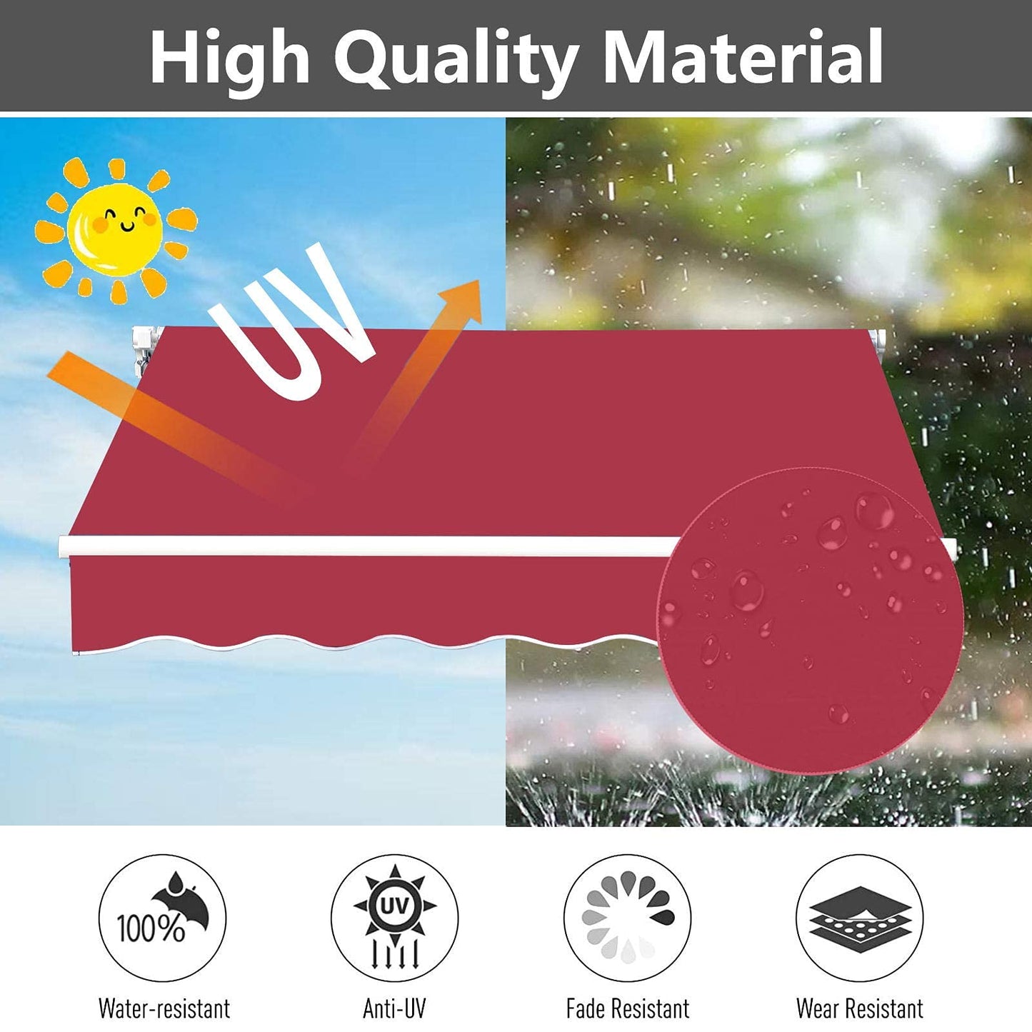 Grepatio 9.8x8.2 Ft Manual Retractable Awning, Aluminum Polyester Patio Door Window Awning, Sunshade Shelter with Crank Handle, Outdoor Canopy - Burgundy