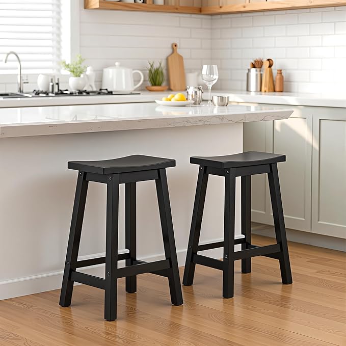 PayLessHere Bar Stools Set of 2, Wooden Saddle Stools 24 Inch Heigh, Bar Chairs Seat with Footrests and Industrial, Kitchen Counter Stools for Restaurant, Bistro Bar and Home Dining