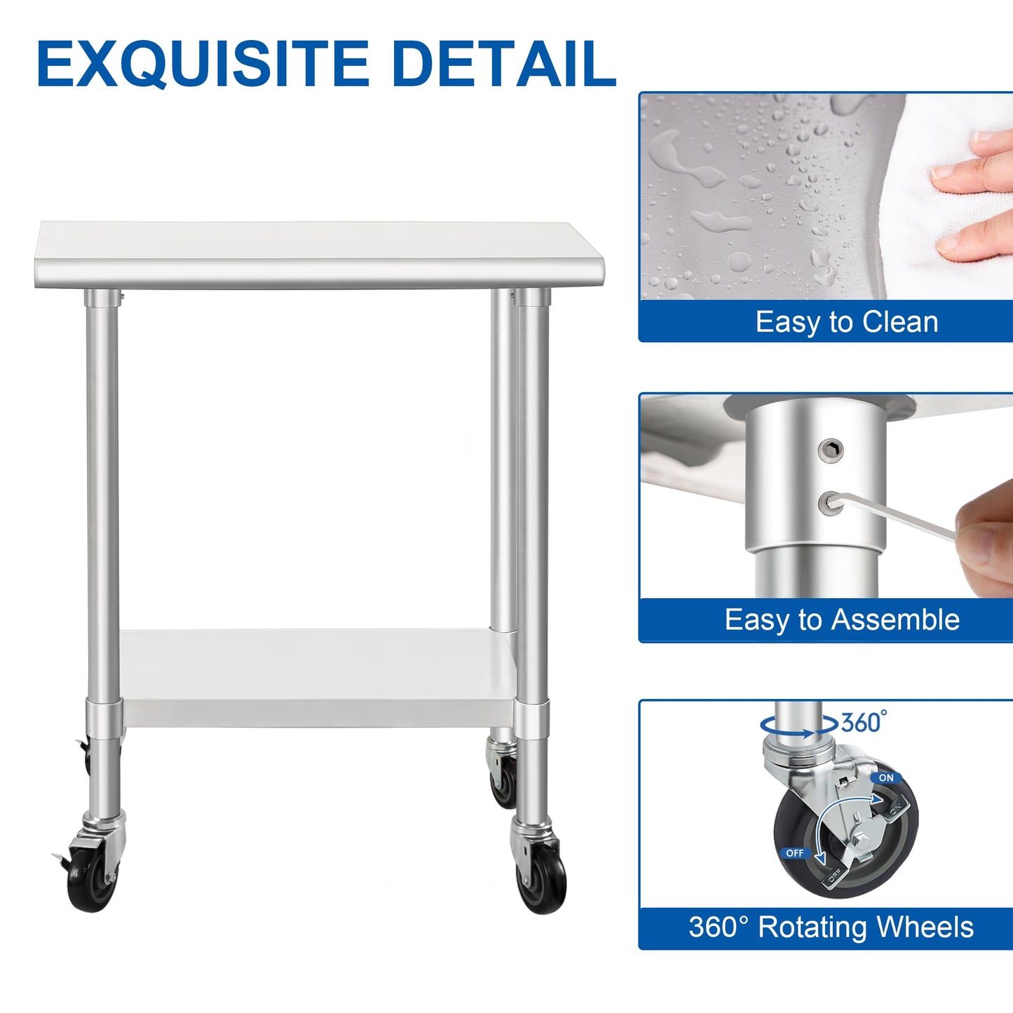 HARDURA Stainless Steel Commercial Table Prep & Work Table with Casters Heavy Duty Metal Table with Wheels NSF 430 18×36 Inches