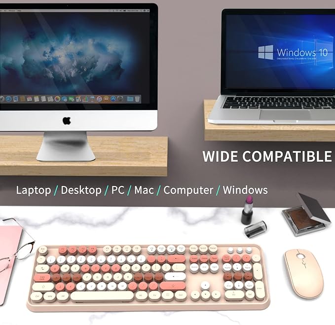 FOPETT Wireless Keyboard and Mouse Combo - 2.4G Full-Sized Cute Colorful Mouse and Keyboard with 104 Round Keys Retro Typewriter Keyboard for Laptop/Windows/PC - Brown Colorful