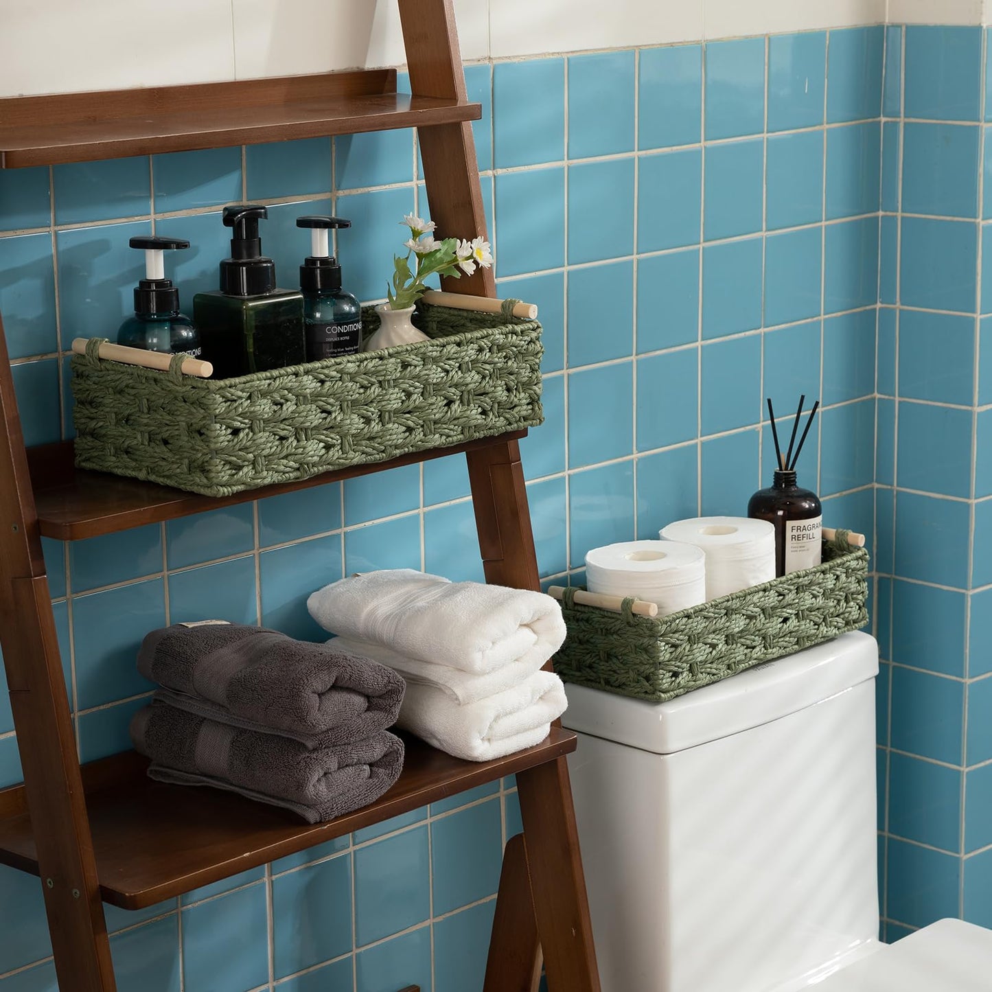 OIAHOMY Toilet Paper Baskets Handmade Paper Rope Decorative Wicker Storage Tank Shelf Cabinet Organizer for Bathroom Home, Set of 2, Green