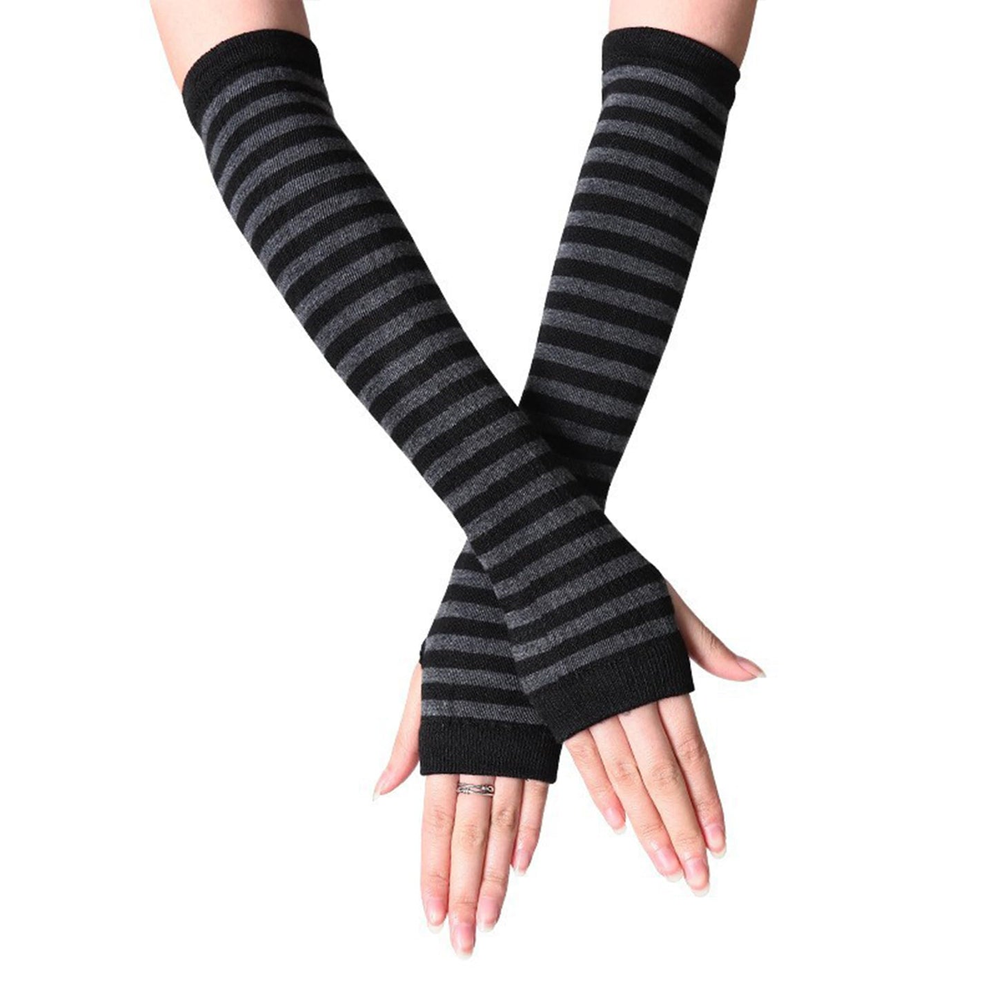 UTTPLL Womens Punk Gothic Long Arm Warmers Fashion Striped Fingerless Gloves Winter Warm Knitted Stretchy Mitten Thumb Hole Wrist Warmer Halloween Costume Stripe Black Grey