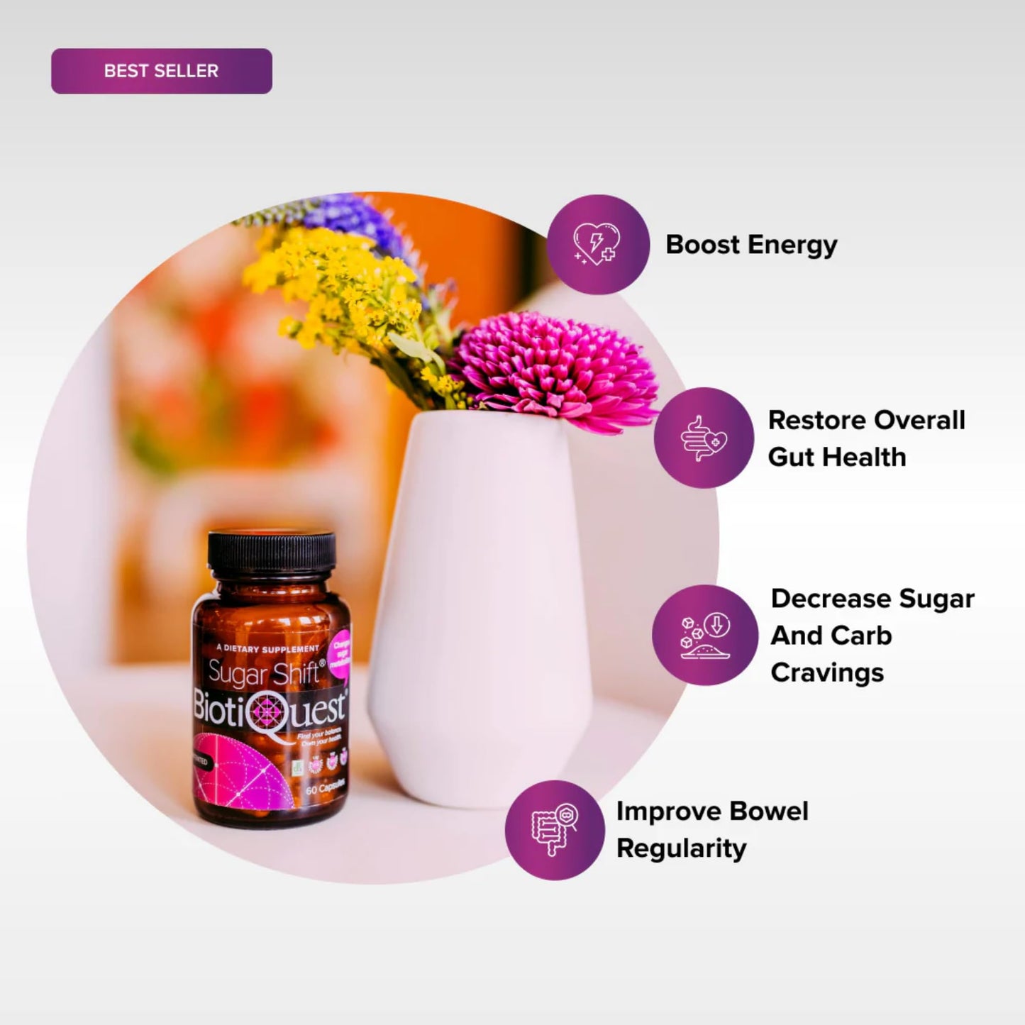 BiotiQuest Sugar Shift Probiotics to Support Against Pathogens and Protect Your Immune System, 22 Billion CFU, Non-GMO, and Gluten Free, 60 Capsules